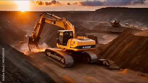Excavator or digger at construction Site during sunset. Heavy industry. 4k HD