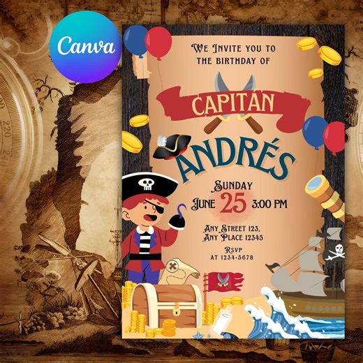 Editable Pirate Map Birthday Invitation, Kids Party Invite (digital Canva Template) - Etsy