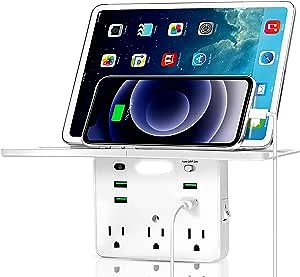 Socket Outlet Shelf, Wall Outlet Extender with Removable Shelf, Built-in Surge Protector & Night Light, Multi Plug Electric Outlet Extender with 4 USB Charging Ports & 3 AC Outlets