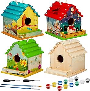 Juexica 4 Pack DIY Birdhouse Kits for Kids Ages 6+ Build and Paint Wooden Bird House Arts and Craft Project with Paint Strips Brushes for Boy Girl Adult Classroom Indoor Outdoor Crafts (Groovy)