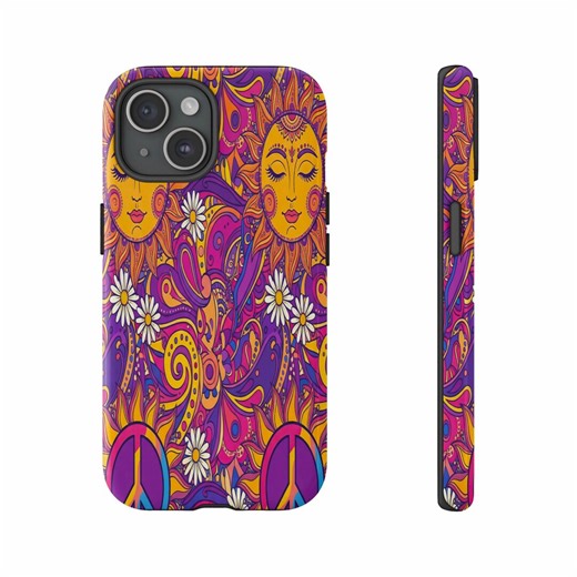 Groovy 70s Psychedelic Sun, Peace Sign, Floral Phone Case - Etsy