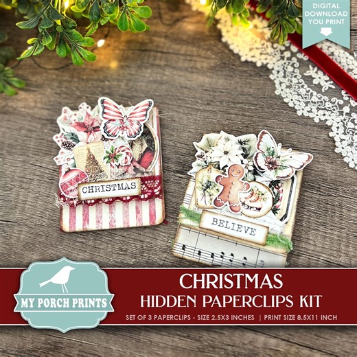 Christmas Hidden Paperclips Kit, Set of 3, Junk Journal, Paper Clip, Bookmark, to From Tag Red, My Porch Prints, Printable, Digital Download - Etsy