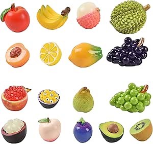 Mini Mixed Fruits 17Pcs, Artificial Fruit Miniature Resin Fruits Figurines Mini Fruit Models for Mini Kitchen Scene House Store Display Decoration
