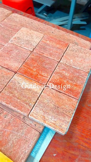 Red Travertine with leathered brush finish, rolled edge treatment, and mesh backing #travertine