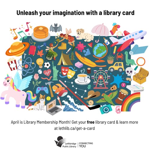 Unleash your imagination with a library card! Hey #yql, it's⭐️Membership Month⭐️! Get your FREE Lethbridge Public Library Card (or renew your current one) at www.lethlib.ca/get-a-card or in person this month and be entered into a draw for some prizes! This promotion is only available until April 30. When you find yourself at one of our three branches, take a snapshot at our photo wall, and tag us online to show off your brand new library card. If you're already a member of the Lethbridge Public 