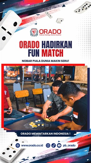 Terbukti! Domino ORADO sukses jadi pusat perhatian di sela-sela keseruan Nobar Piala Dunia!🔥 Kemeriahan Nobar Semifinal Piala Dunia 2026 bersama DPD KNPI Kota Makassar kemarin makin lengkap dengan hadirnya Fun Match Domino ORADO. Di sini, kami membuktikan bahwa domino bukan sekadar pertandingan biasa, melainkan olahraga otak penuh prestasi yang mampu menyatukan semangat kompetisi positif para masyarakat!✊️ ORADO sekarang resmi menjadi anggota KONI Pusat pada tanggal 21 Mei 2026✨ Daftar atlet me