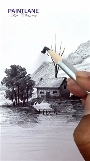 Pencil shading Two Trees and House in Scenery Art #shorts #art #pencilshading