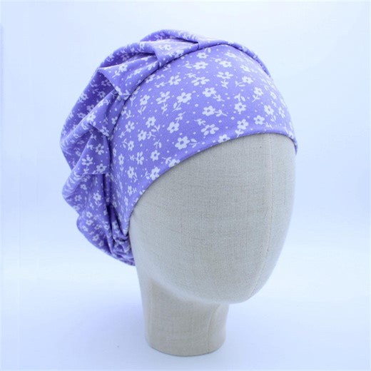 Purple With White Flowers on Double Brushed Poly in a Bouffant Style Scrub Cap - Etsy
