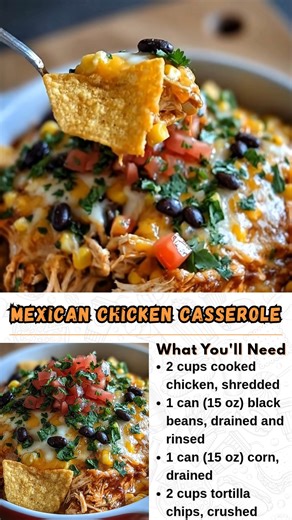 Mexican Chicken Casserole *This fun and zesty casserole brings all the flavors of taco night together in one easy dish. It reminds me of those simple, satisfying meals we’d make for a casual family get-together or a potluck. It’s a guaranteed crowd-pleaser that’s so easy to throw together, and the layers of crunchy chips, savory chicken, and melted cheese make it irresistible!* What You'll Need 2 cups cooked chicken, shredded 1 can (15 oz) black beans, drained and rinsed 1 can (15 oz) corn, drai