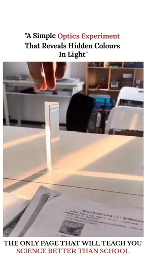 UNIVERSE | SCIENCE | TECHNOLOGY on Instagram: "A simple optics experiment that reveals the constituent colors of white light using a glass prism. This phenomenon is called the dispersion of light. Experiment Details Process: White light (in this case, likely sunlight) is passed through a transparent medium with non-parallel surfaces, such as a triangular prism. Mechanism (Dispersion): When light travels from air to glass, it slows down and bends, a process called refraction. Different colors (wa