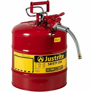 Justrite 5 Gallon Type II Red Steel Gas / Flammables AccuFlow Safety Can with 5/8" Diameter Metal Hose and Flame Arrester 7250120