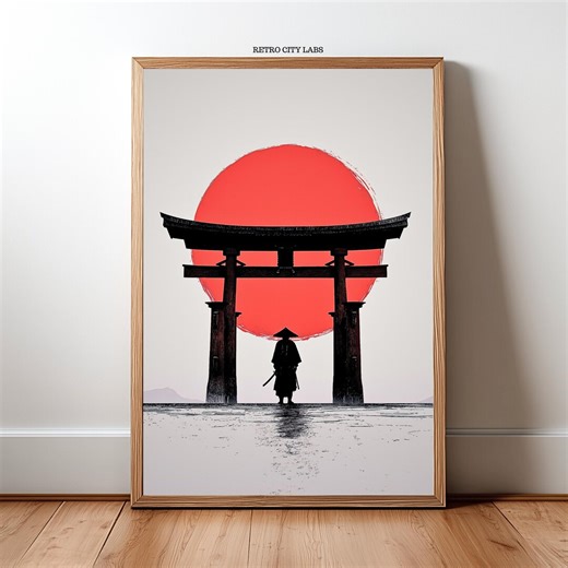 Samurai Torii Gate Red Sun Wall Art, Japanese Minimalist Zen Print - Etsy