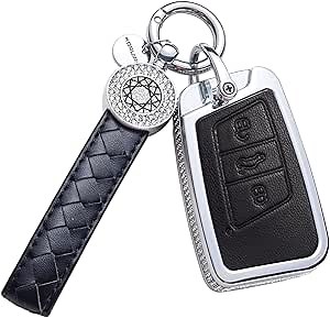 Compatible with VW Key Fob Cover with Keychain, Black Genuine Leather Crystal Key Case Protection Shell Fit for VW Jetta Beetle Tiguan Passat Golf MK6 Polo Smart Remote Key