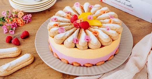 Bavarois aux biscuits à la cuillère, framboises et mangue