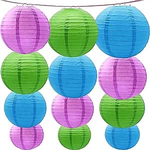 Purple -Green and Blue Paper Lanterns 12Pcs Hanging Lanterns for Birthday Party, Wedding, Home Decor, Baby Shower Festive Decoration
