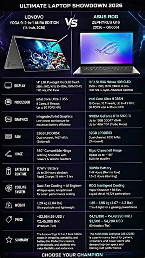 Lenovo Yoga 9i Aura (2026) vs ASUS ROG Zephyrus G16 (2026) 🔥 Ultimate Laptop Comparison #shorts