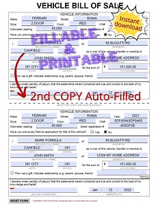 Vehicle Bill of Sale PDF Fillable and Printable Form | Auto Bill of Sale PDF Form / Template - Etsy