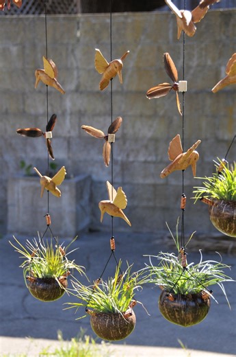 Hummingbird Wind Spinner: Hand-carved Wood, Coconut Shell Planter