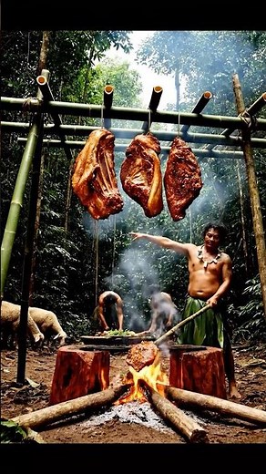 Primitive Cooking: Roasting a MASSIVE Meat Block in the Deep Jungle