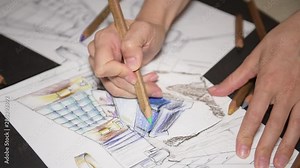 Outline drawings for the design of the kitchen design, everything is drawn in pencil. Beautiful, brick walls.