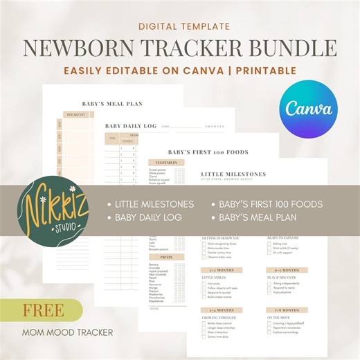 Newborn Tracker Bundle | Baby Daily Log, Meal Plan, Milestones | Editable Canva Template | Baby Shower Gift - Etsy
