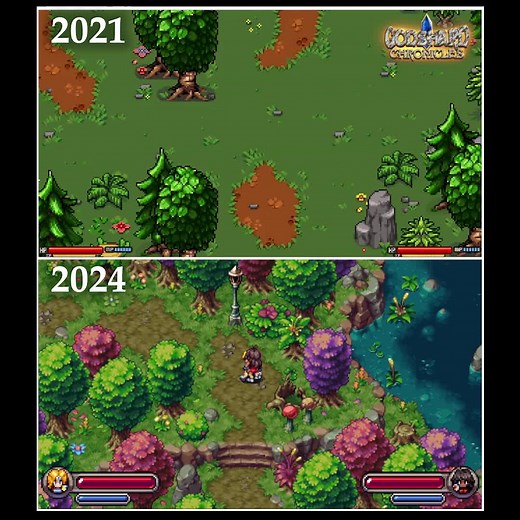 Here is a comparison of the game in 2021 and 2024, with a focus on Player/NPC movement and animations. It's been a long and difficult journey, but we're making more progress by the day! #gamedev #indiedev #gaming #rpg #jrpg #pixelart