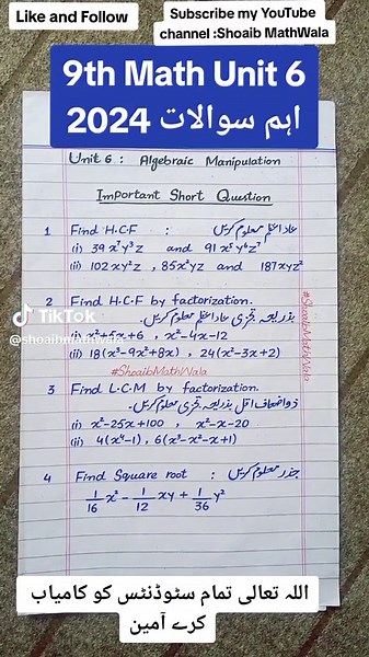 9th Class Math Unit 6 Important Questions 2024