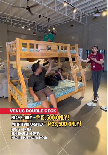 Perfect for siblings or shared rooms! 🛏️ The ✨VENUS DOUBLE DECK ✨offers smart space-saving design with solid wood durability. - FEATURES: - -Top: 36x75 -Bottom: 48x75 -Rubber wood -SINGLE -UPPER -SEMI DOUBLE -LOWER -MADE IN MALAYSIAN WOOD ‼️RESERVED YOUR’S NOW‼️ Message our FB Page FURNITURE DEALS PHILIPPINES for inquiries/orders or call us in 📞09173239437 📞09177262526 - Showroom Locations 📍Furniture Deals STA MARI 📍Furniture DEALS Imus 📍Furniture DEALS Dasma - 💘We accept cash on delivery