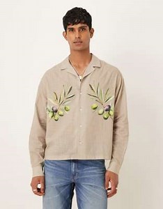 ASOS DESIGN oversized revere linen blend shirt with olive print in brown | ASOS