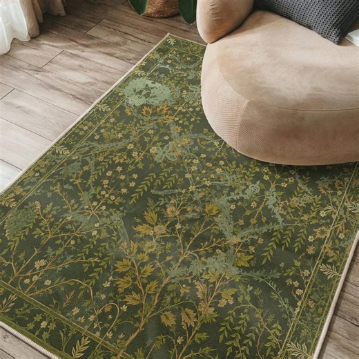 Green Botanical Area Rug: Vintage Floral Tapestry Design - Etsy