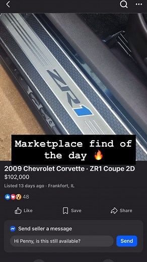Low Miles No Miles ™️ on Instagram: "2009 Chevrolet Corvette ZR1 – 4,000 Miles Found for sale on Facebook Marketplace and sharing for anyone looking. This C6 ZR1 is located in Frankfort, IL and shows just 4,000 miles. Powered by the hand-built, supercharged 6.2L LS9 rated at 638 horsepower and paired to a 6-speed manual. Factory carbon-ceramic brakes, carbon fiber hood and roof, and Magnetic Selective Ride Control—all part of what made this the flagship Corvette in 2009. Top speed? 205 mph. And 