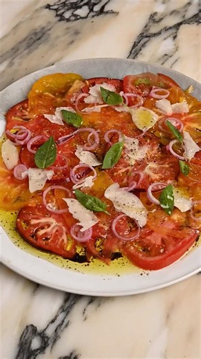 Tomato carpaccio recipe for when it is too hot to even think about cooking. Save this. 🍅 #tomato