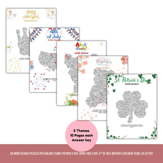 Holiday Word Search Bundle | 4th of July, April Fools, Mother’s, St. Patrick’s - Etsy