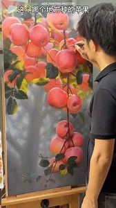 This painting vividly captures the essence of ripened apples hanging delicately from their branches. Each apple is meticulously painted with a glossy texture, emphasizing its fresh and juicy appeal. The play of light and shadow enhances the realism, with soft highlights reflecting off the fruit's surface and subtle shadows grounding the leaves and stems. The background, slightly blurred, creates a depth-of-field effect that draws the viewer's focus entirely onto the vibrant subject. The artist's