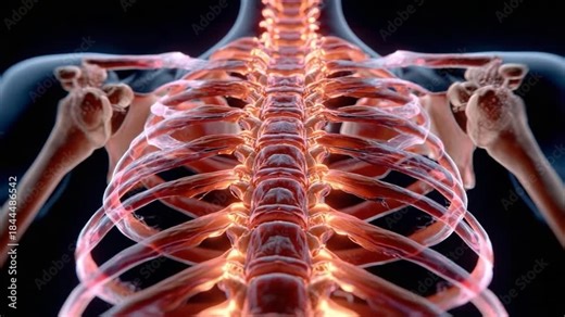 Anatomy of a human torso: Intricate skeletal structure of a human torso, with the rib cage, spine, and shoulder bones clearly displayed, representing the core framework of the human body.
