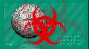 Animation of biohazard symbol over globe of us dollar bills spinning against green background