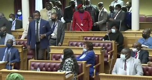 [WATCH]: Chaos broke out in the National Assembly this afternoon during a debate on national reconciliation. NEFF and Swapo parliamentarians Kalimbo Iipumbu and Natangue Ithete nearly came to blows. Video: Parliament | The Namibian