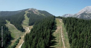 Summer arial view of ski slopes in Bansko, Bulgaria surrounded with evergreen pine tree forest used as protection from winter winds for skiers