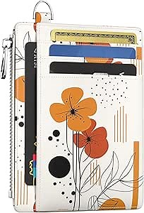 Slim Wallet Women Credit Card Holder Abstract Boho Flower RFID Small Mini Card Case Front Pocket PU Leather Thin Travel Zipper Coin Cash ID Window Ladies Female Wallet Gifts