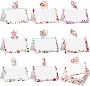 Fullhawl 48 Pcs Tea Party Theme Place Card Floral Tea Party Themed Tent Style Cards Vintage Teapot Seating Name Tags Flower Placecard Holders Seating Place Cards for Wonderland Dinner Placement