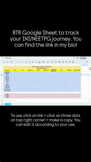 INICET Roadmap on Instagram: "Hey everyone! Here's the BTR sheet that you guys loved. I have modified it according to this year's BTR schedule. I have also added a GT tracker in it. Hope you guys make the most of it! Best of luck everyone! ✨️ #btr #neetpg #neet #neetpg25 #neetpg26 #neetpg2026 #neetpg2025 #cerebellum #cerebellumacademy #inicet #marrow"