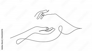 Self drawing simple animation of two hands reaching out towards each other drawn, Animation continuous drawing of a hand with a heart in one line 4k video.
