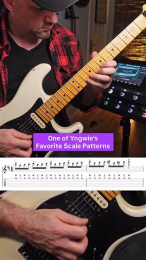 Chris | The Art Of Lead Guitar on Instagram: "🎸Steal Yngwie Malmsteen’s favorite scale pattern You can find this ‘Group Of Four’ scale pattern in almost every Yngwie solo. Generally, alternate picking a group of four pattern cross the strings is hard, as you’re constantly crossing strings and mixing inside and outside picking. But by arranging the notes on a single string and playing horizontally, the picking hand can alternate pick steadily and doesn’t have to deal with string changes. Clever