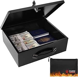 Fireproof Document Box with Key Lock & Fireproof Money Bag,Safe Storage Box for Valuables,Fire Resistance Security Chest,Fireproof Box for Documents,Passport Extra Large (Black, Large)