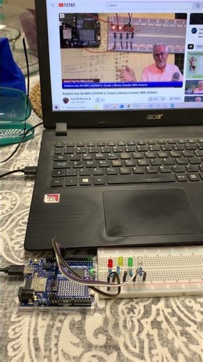 Paul McWhorter’s Code to count in binary from 0 to 15 on four LEDs