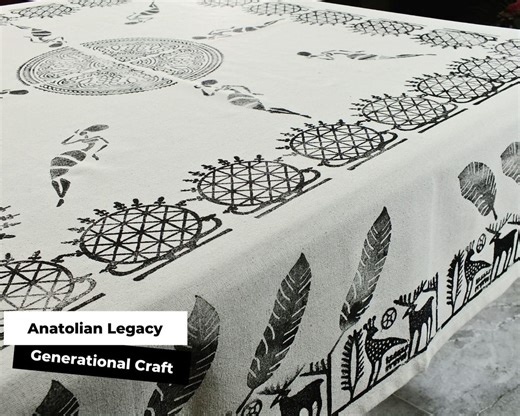 Hand Block Print Tablecloth: Linen Cotton Blend With Hittite Ethnic Motifs - Etsy