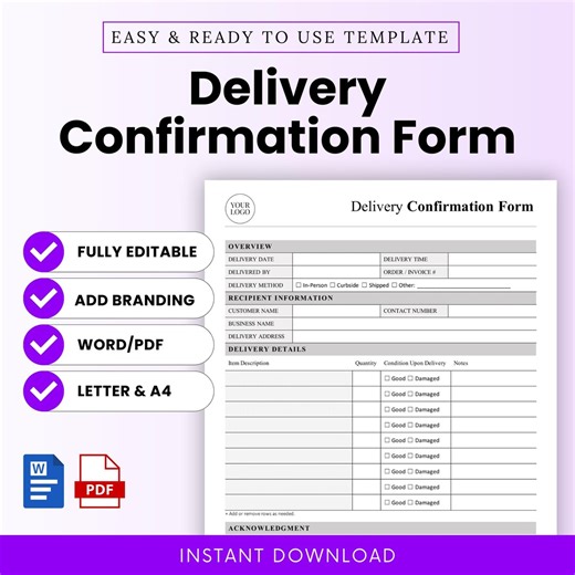 Delivery Confirmation Form Template – Word & PDF, A4   US Letter - Etsy