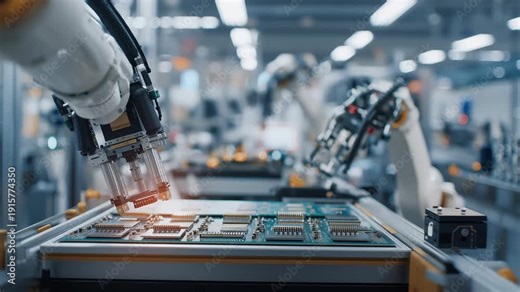 Industrial robotic arms assembling and soldering microchips on printed circuit board in automated smart factory production line footage