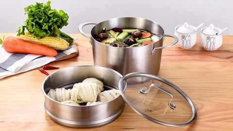 LOLYKITCH 5 Quart Stainless Steel Steamer Pot with Glass Lid, 3-Ply Steaming Pot for Cooking, 2 Tier Induction Steamer Pot for Tamales Seafood Vegetables Dumplings Stock Pot, Thick