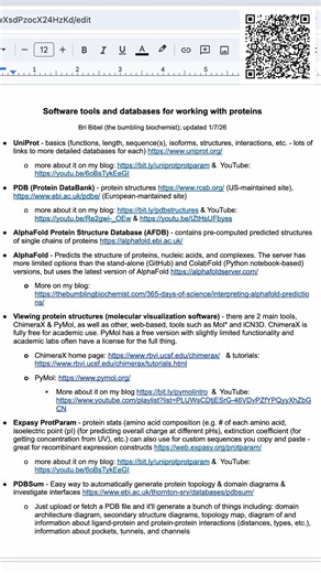 Brianna Bibel on Instagram: "Software tools and databases for working with proteins Blog: https://thebumblingbiochemist.com/365-days-of-science/proteintools/ PDF: https://drive.google.com/file/d/1G7OVk6G_AiYPJugIw_DHX-JxtIvLhOBB/view?usp=drive_link YouTube: https://youtu.be/encoJwuD6Pk * UniProt - basics (functions, length, sequence(s), isoforms, structures, interactions, etc. - lots of links to more detailed databases for each) https://www.uniprot.org/ * more about it on my blog: https://bit.ly
